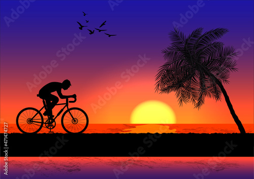 a man riding a bicycle in evening with sunset background and orange silhouette of sunset vector illustration