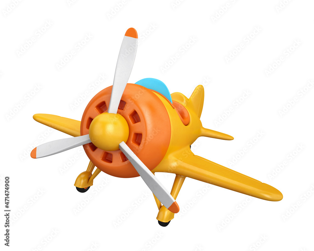 Cartoon yellow and orange airplane front view on a white background, 3D