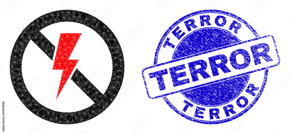 Lowpoly polygonal no electricity icon illustration, and Terror unclean seal. Blue stamp contains Terror tag inside round form. No electricity icon filled with triangles. Lowpoly polygonal no electricity icon illustration, and Terror unclean seal. Blue stamp contains Terror tag inside round form. No electricity icon filled with triangles.