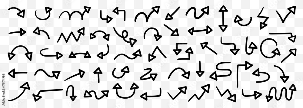 Black line arrows vector set. Isolated Hand-drawn arrows icons on white background. Different pointer collection. Simple drawing arrow sign. Vector illustration. Black line arrows vector set. Isolated Hand-drawn arrows icons on white background. Different pointer collection. Simple drawing arrow sign. Vector illustration.