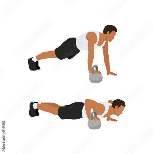 Man doing Push up with one hand on the kettlebell exercise. Flat vector illustration isolated on white background. workout character set