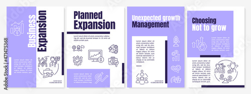 Business expansion purple brochure template. Company development. Flyer, booklet, leaflet print, cover design with linear icons. Vector layouts for presentation, annual reports, advertisement pages