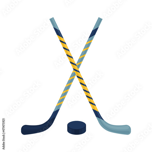 Two hockey sticks of different colors and a puck. Ice hockey and field hockey sticks. Sports equipment for game sports. Vector illustration isolated on a white background