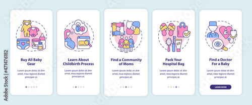 Preparing for baby onboarding mobile app page screen. Buying all baby gear walkthrough 5 steps graphic instructions with concepts. UI, UX, GUI vector template with linear color illustrations
