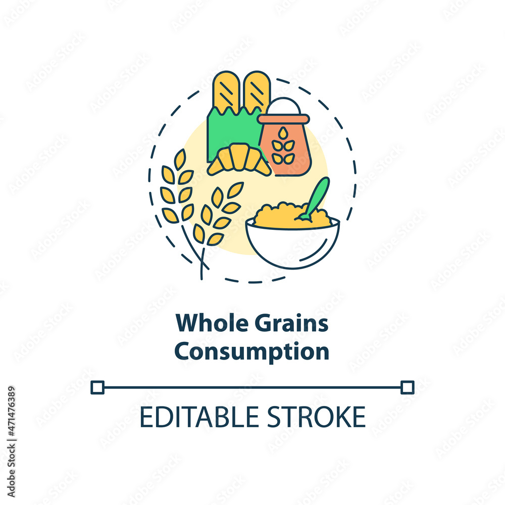 Whole grains consumption concept icon. Pregnancy diet abstract idea thin line illustration. Reducing diabetes risk. High in fiber foods intake. Vector isolated outline color drawing. Editable stroke
