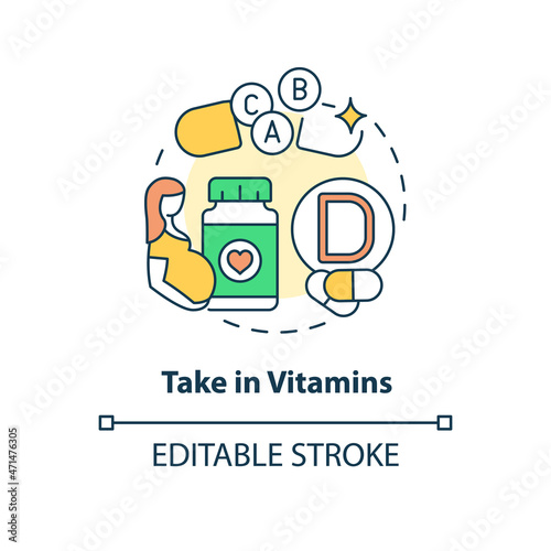 Take in vitamins concept icon. Pregnancy diet abstract idea thin line illustration. Providing prenatal multivitamins and minerals. Vector isolated outline color drawing. Editable stroke