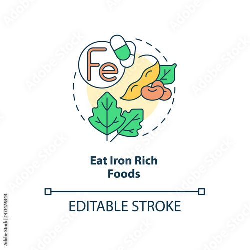 Eat iron rich foods concept icon. Pregnancy diet abstract idea thin line illustration. Green leafy vegetables intake. Cooked beans. Vector isolated outline color drawing. Editable stroke
