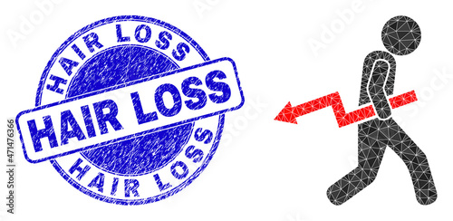 Lowpoly polygonal trend down robber icon illustration, and Hair Loss rubber seal. Blue stamp seal has Hair Loss tag inside circle form. Trend down robber icon filled with triangles.