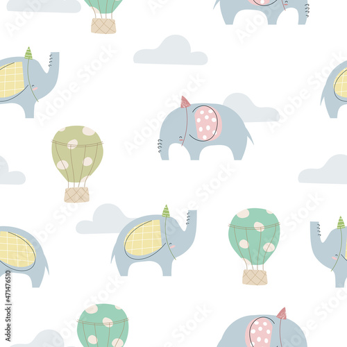 Cute baloons and elephants on white background. Baby seamless vector pattern. 