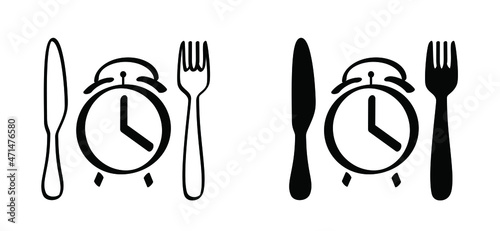 Dinner time or break. Plate, fork, knife icon. Alarmclock pictogram. Cartoon vector, food for lunch symbol. Wakeup clocks or clock rings. Grunge line watch icons. Bell or ring to eat sign.