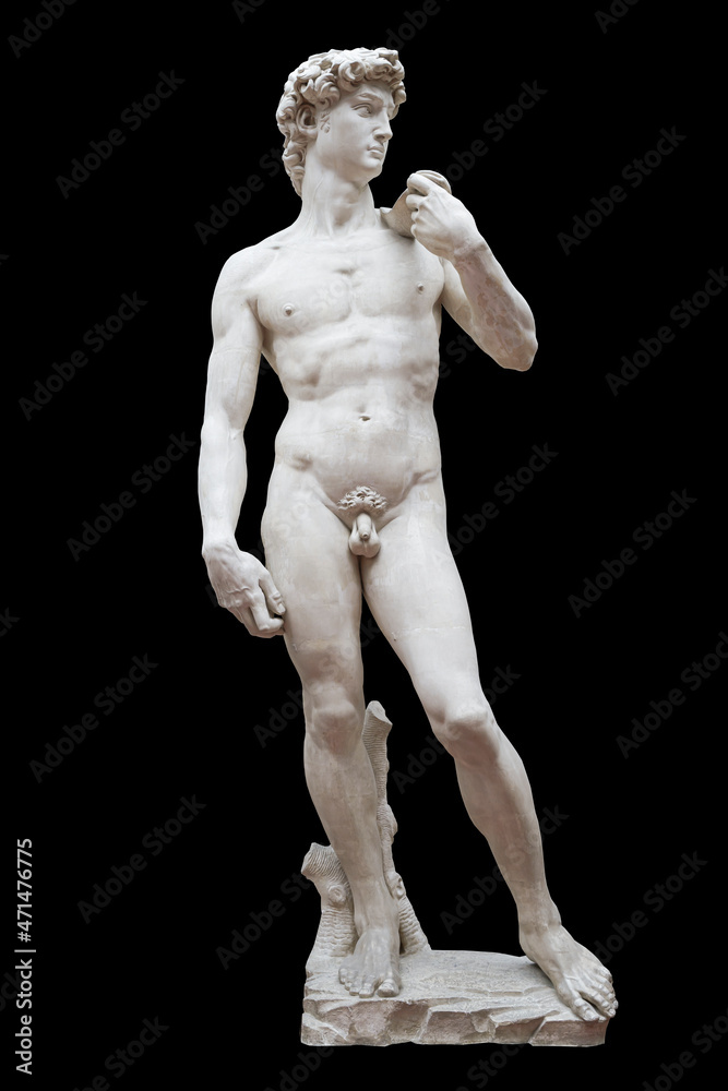 Statue of David isolate. Sculpture of the ancient Greek mythical hero David by the artist Michelangelo. - obrazy, fototapety, plakaty 