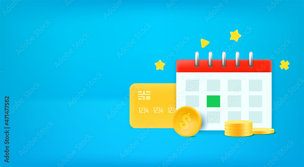 Calendar with card and money. Vector banner with copy space Calendar with card and money. Vector banner with copy space