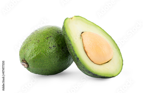 Pear-shaped avocado half whole isolated on white background