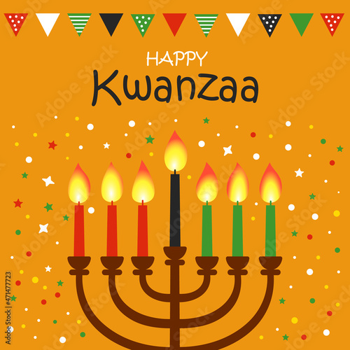 Happy Kwanzaa vector flat illustration on bright yellow background with confetti. African celebration cute design card.