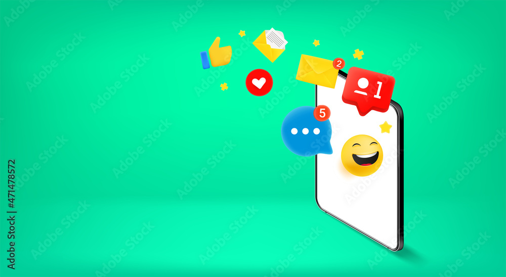 Tablet computer with emoticons. Vector banner with copy space