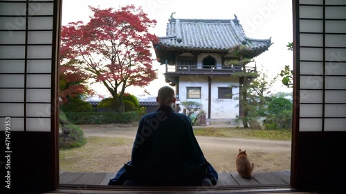 紅葉と座禅をする僧侶