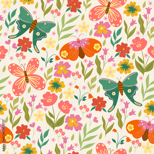 Seamless pattern with butterflies and flowers. Vector graphics.