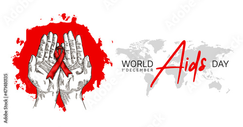 World AIDS Day with hand holding red ribbon and world map hand drawn style. Vector can be use for poster  campaign and banner