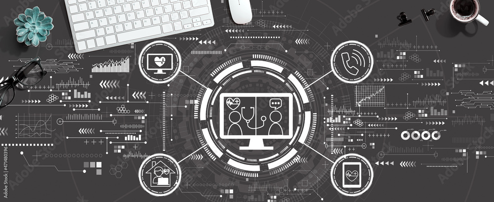 Telehealth theme with a computer keyboard and a mouse Telehealth theme with a computer keyboard and a mouse
