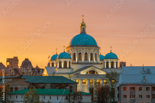 View of the Cathedral of the Kazan Icon of the Mother of God against the pink dawn sky, Kazan, Republic of Tatarstan, Russia © Ula Ulachka