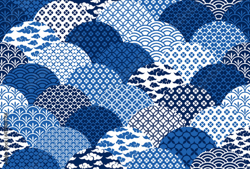 Chinese traditional oriental ornament, white and blue background. Vector illustration. Geometric fashion wave seamless pattern in China style. Asian clouds and flowers modern ornate shapes