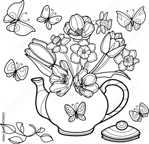 Coloring page for adult and children. Flowers in a teapot