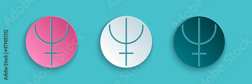 Paper cut Neptune planet symbol icon isolated on blue background. Astrology, numerology, horoscope, astronomy. Paper art style. Vector