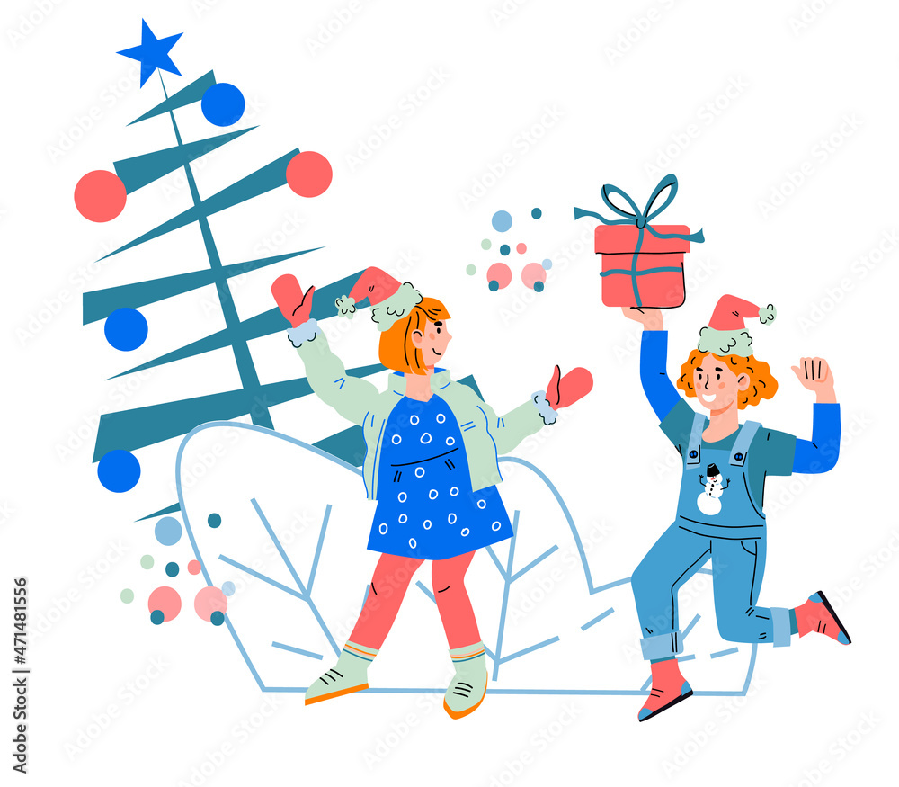 Cheerful kids celebrate Christmas and New Year, flat cartoon vector illustration isolated on white background. Happy children in snowy landscape near spruce Christmas tree. Cheerful kids celebrate Christmas and New Year, flat cartoon vector illustration isolated on white background. Happy children in snowy landscape near spruce Christmas tree.