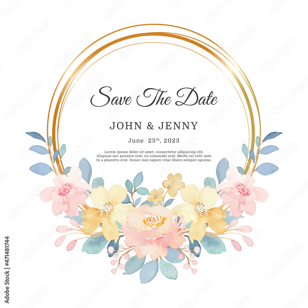 Save the date yellow pink floral wreath with gold circle