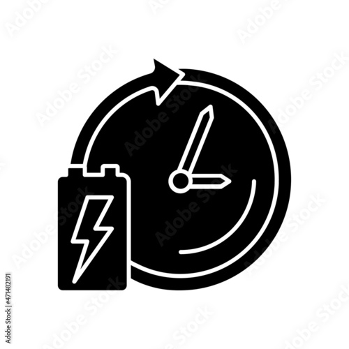 Battery lifetime black glyph icon. Accumulator lifespan and durability. Energy cell working period. Charge and discharge cycles number. Silhouette symbol on white space. Vector isolated illustration