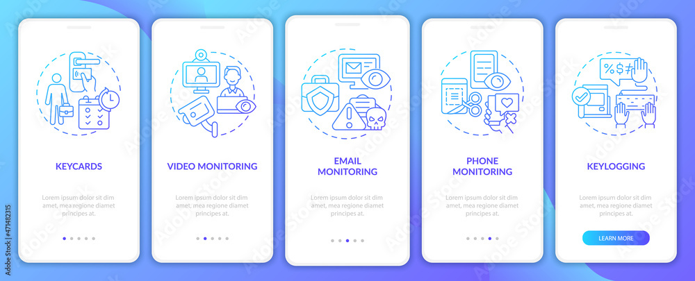 Employee monitoring methods onboarding mobile app page screen. Work walkthrough 5 steps graphic instructions with concepts. UI, UX, GUI vector template with linear color illustrations