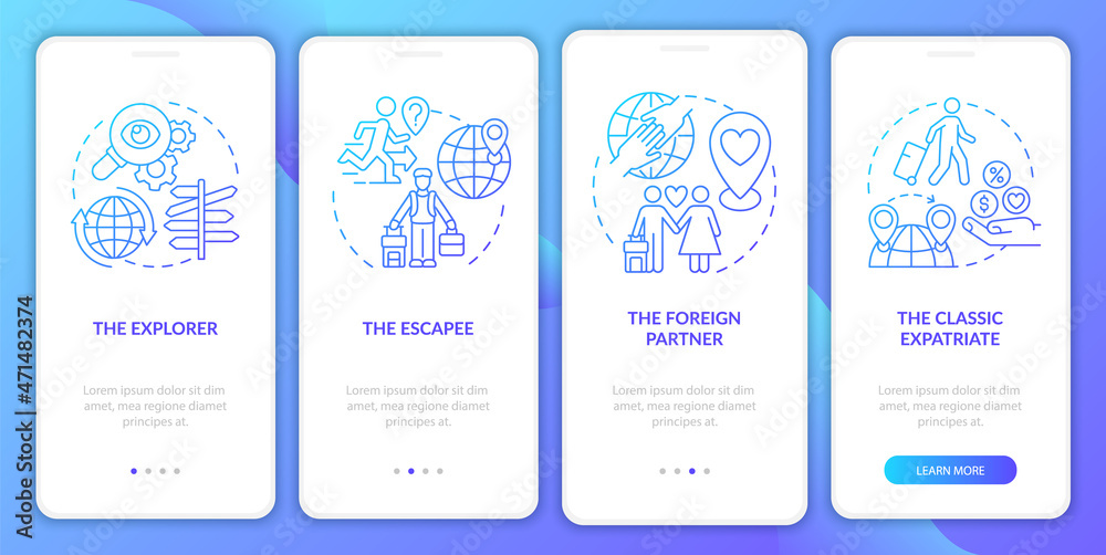 Expats types blue gradient onboarding mobile app page screen. Moving abroad reasons walkthrough 4 steps graphic instructions with concepts. UI, UX, GUI vector template with linear color illustrations