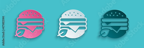 Paper cut Vegan food diet icon isolated on blue background. Organic, bio, eco symbol. Vegan, no meat, lactose free, healthy, fresh and nonviolent food. Paper art style. Vector