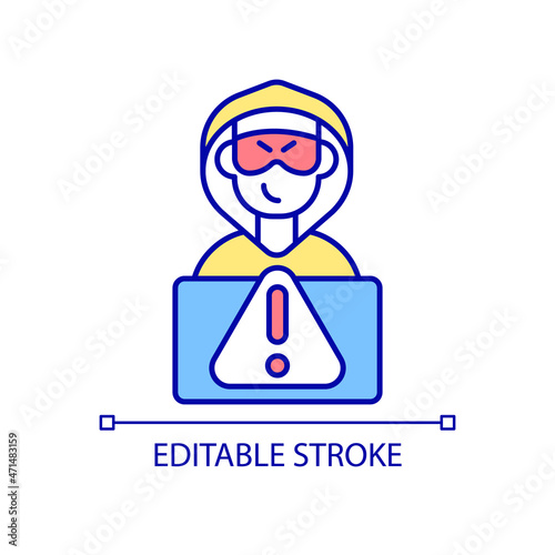 Computer hacking RGB color icon. Cyber attacks dangers. Mitigate hacking risks. Devices protection against hackers. Isolated vector illustration. Simple filled line drawing. Editable stroke