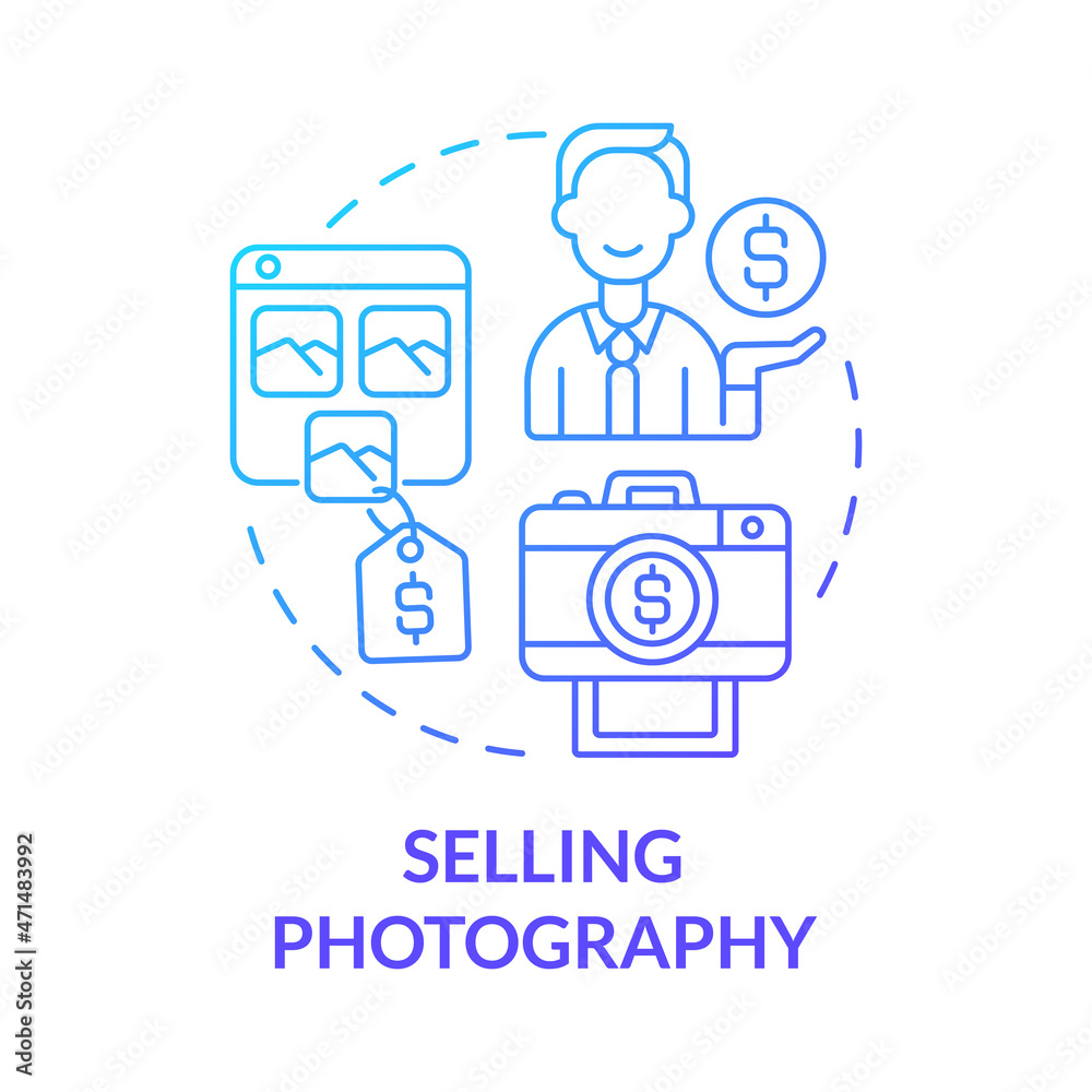Selling photography blue gradient concept icon. Making money online approach abstract idea thin line illustration. Stock photography website. Commercial work. Vector isolated outline color drawing