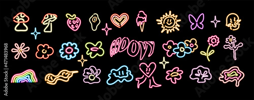 Abstract groovy and hippie neon sign. Set of Different colored Vector illustartions