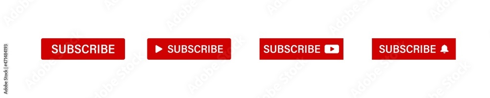Subscribe red button. Subscription video channel click on vector set isolated on white background. Follow sign, push subscribe button. Subscribe red button. Subscription video channel click on vector set isolated on white background. Follow sign, push subscribe button.
