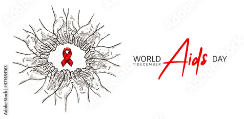 World AIDS Day with hand and red ribbon hand drawn style. Vector can be use for poster, campaign and banner