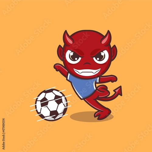 cute cartoon devil playing soccer. vector illustration for mascot logo or sticker