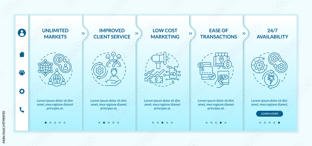 Digital entrepreneurship benefits onboarding vector template. Responsive mobile website with icons. Web page walkthrough 5 step screens. Unlimited markets color concept with linear illustrations