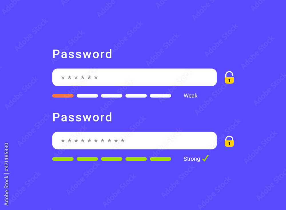 Login password weak strong account registration. Login password form app vector website