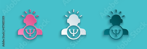 Paper cut Psychology icon isolated on blue background. Psi symbol. Mental health concept, psychoanalysis analysis and psychotherapy. Paper art style. Vector