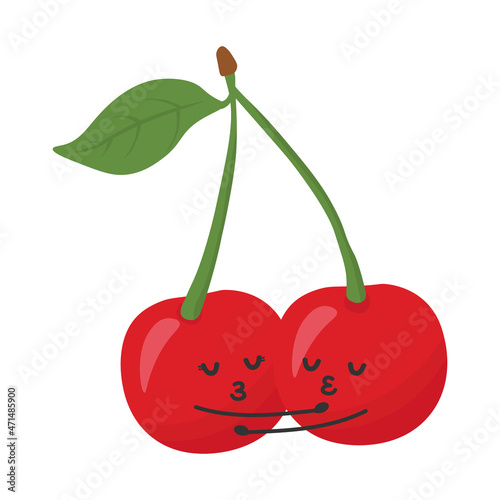 Two cute cherries falling in love. Love and Valentine's Day concept. Illustration isolated on white background.