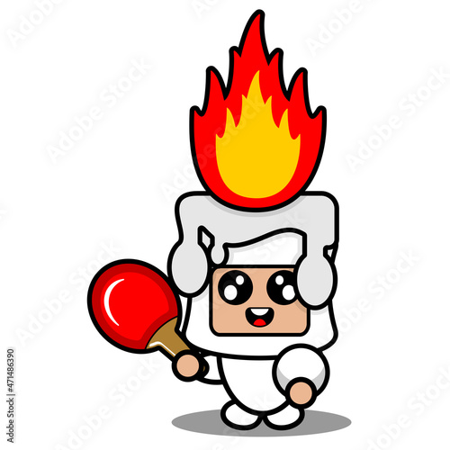 cartoon vector illustration of cute fiery white wax mascot costume character playing ping pong