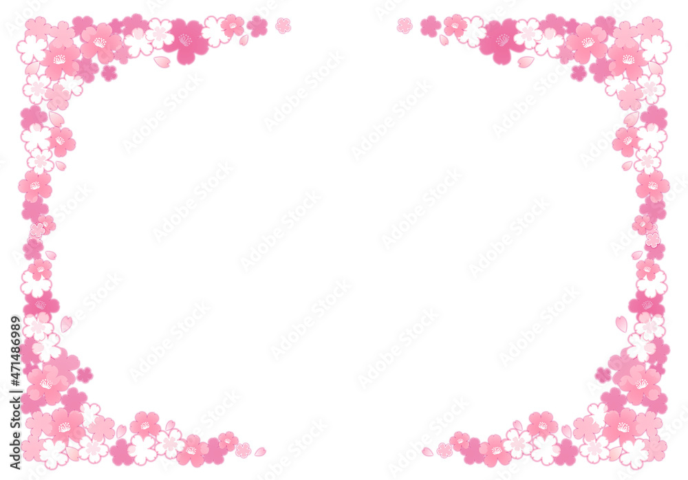イラスト素材: 桜柄のフレーム（桜の下に濃いぼかしあり）両サイド飾り　透過＆白バック
