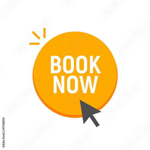 Book now button icon online make oval advertising agency badge. Book now sticker vector banner concept