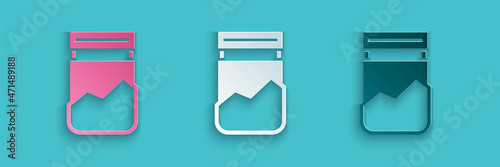 Paper cut Plastic bag of drug icon isolated on blue background. Health danger. Paper art style. Vector