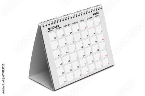 January 2022 desk calendar isolated on white with clipping path