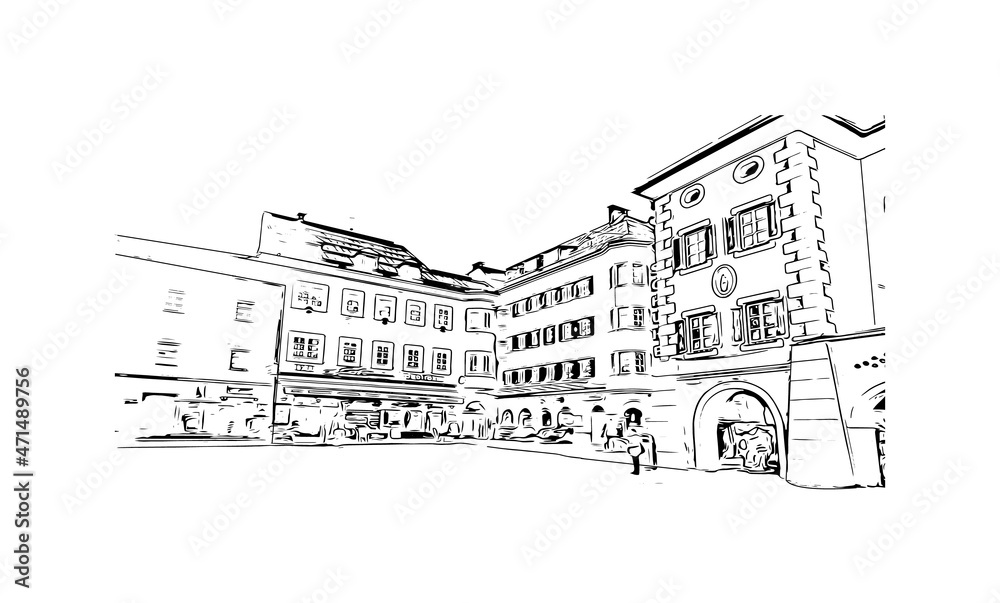 Building view with landmark of Lienz is the 
town in Austria. Hand drawn sketch illustration in vector.