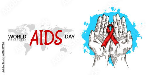 World AIDS Day with hand holding red ribbon and world map hand drawn style. Vector can be use for poster, campaign and banner © VECTORKURO
